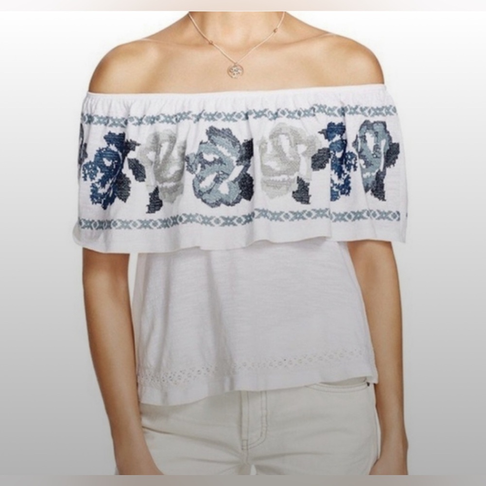 Free People off shoulder blue flower rose embroidered top